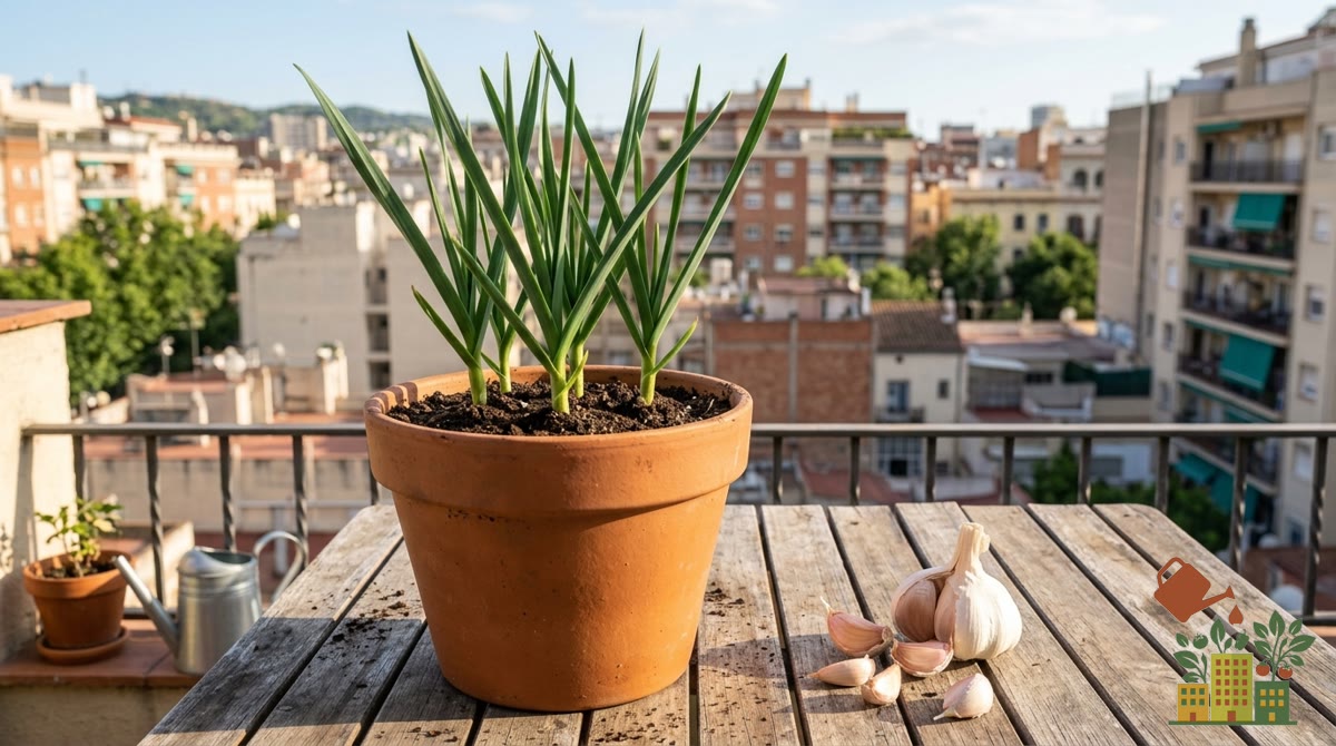 Brotes verdes de ajo saliendo de la tierra en una maceta de balcón