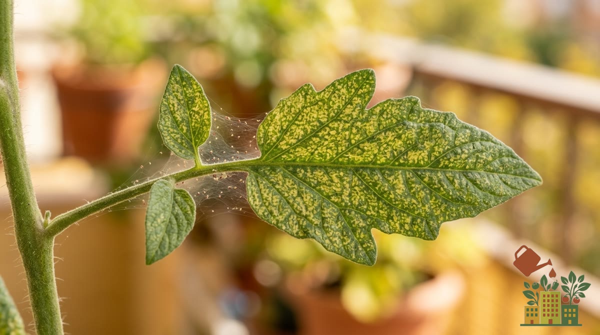 Hoja de tomatera con punteado amarillento moteado por toda la superficie y una telaraña muy fina, síntoma de araña roja
