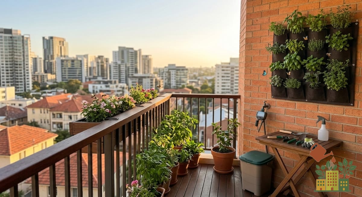 Balcón con varias macetas de distintos cultivos, ideal para rotar de una temporada a otra