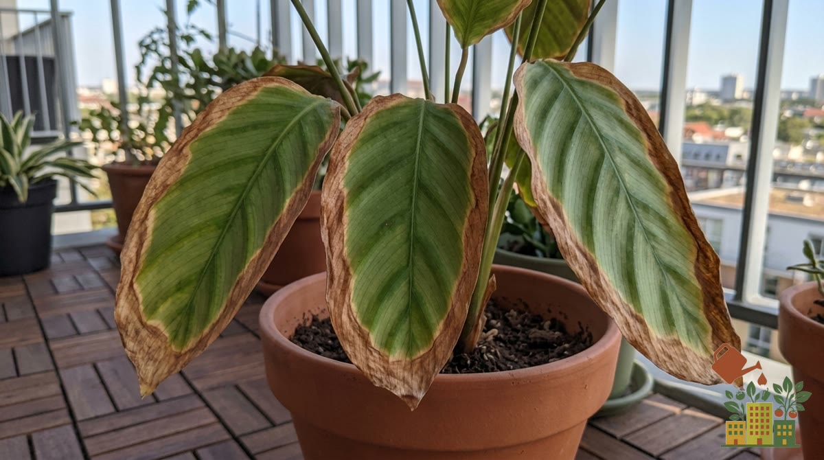 Hoja de una planta en maceta con los bordes y las puntas marrones y secos mientras el centro sigue verde