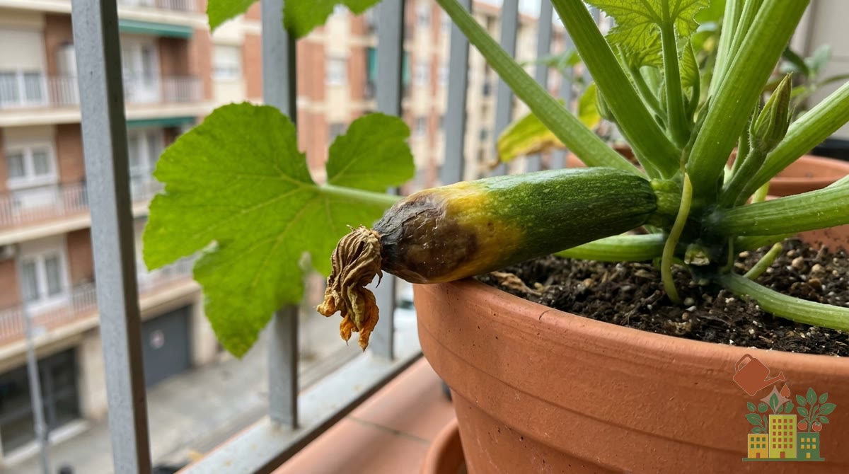 Calabacín pequeño pudriéndose y amarilleando desde la punta de la flor en una maceta de balcón