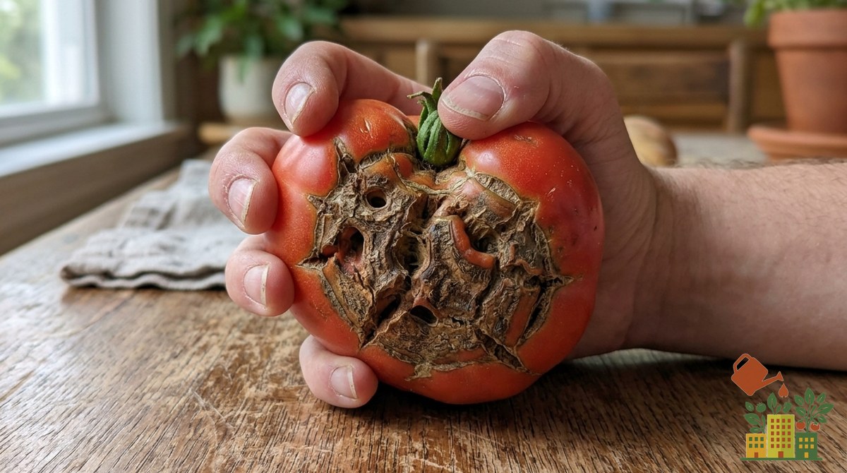 Tomate deforme sostenido en la mano con cicatrices profundas, agujeros y tejido corchoso marrón, síntoma de cara de gato