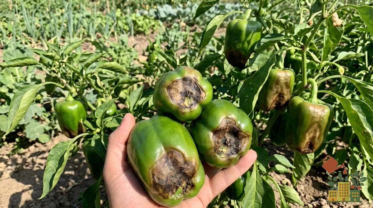 Varios pimientos verdes en la mano y en la planta con una mancha marrón oscura, seca y hundida en la punta, síntoma del culo negro (podredumbre apical)