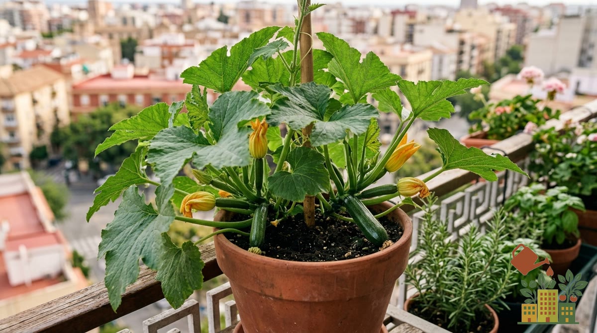 Flor de calabacín en una maceta de balcón, un cultivo que depende de la polinización para dar fruto