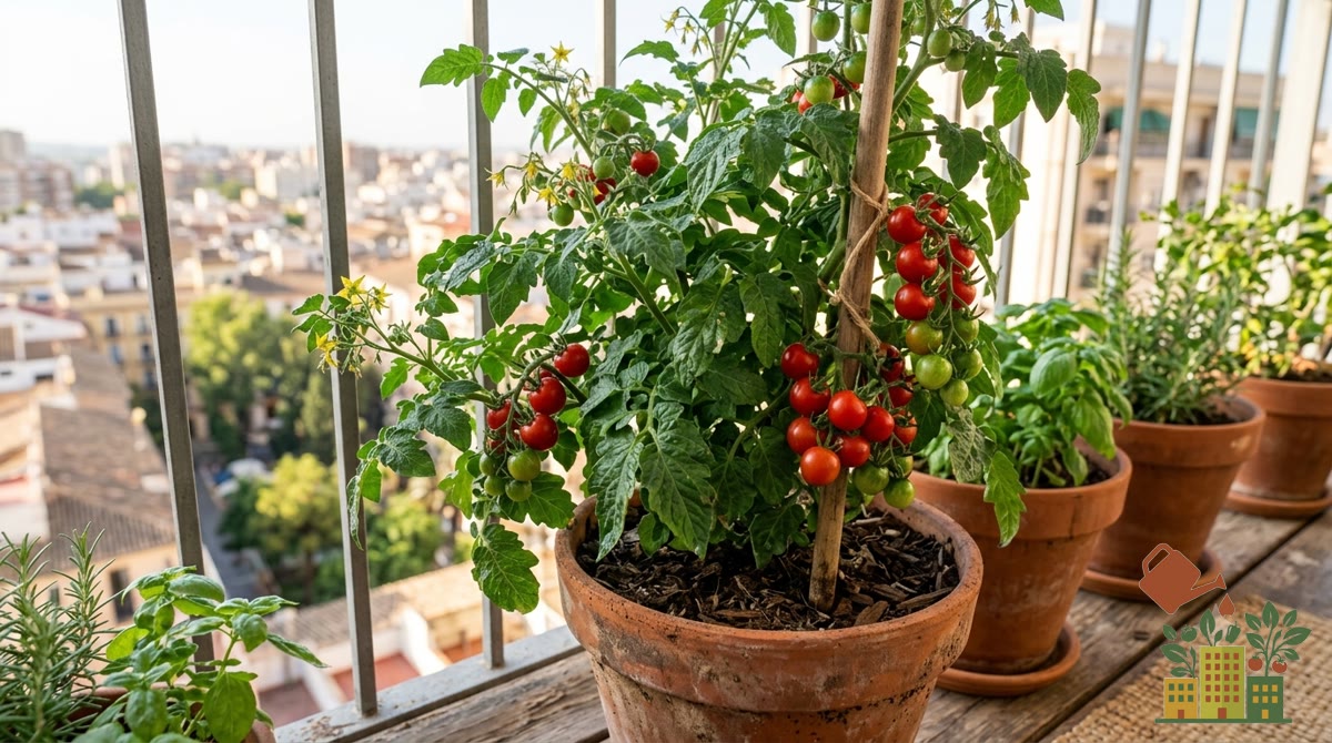 Tomatera cherry madura en maceta, de la que se pueden recolectar semillas para la próxima temporada