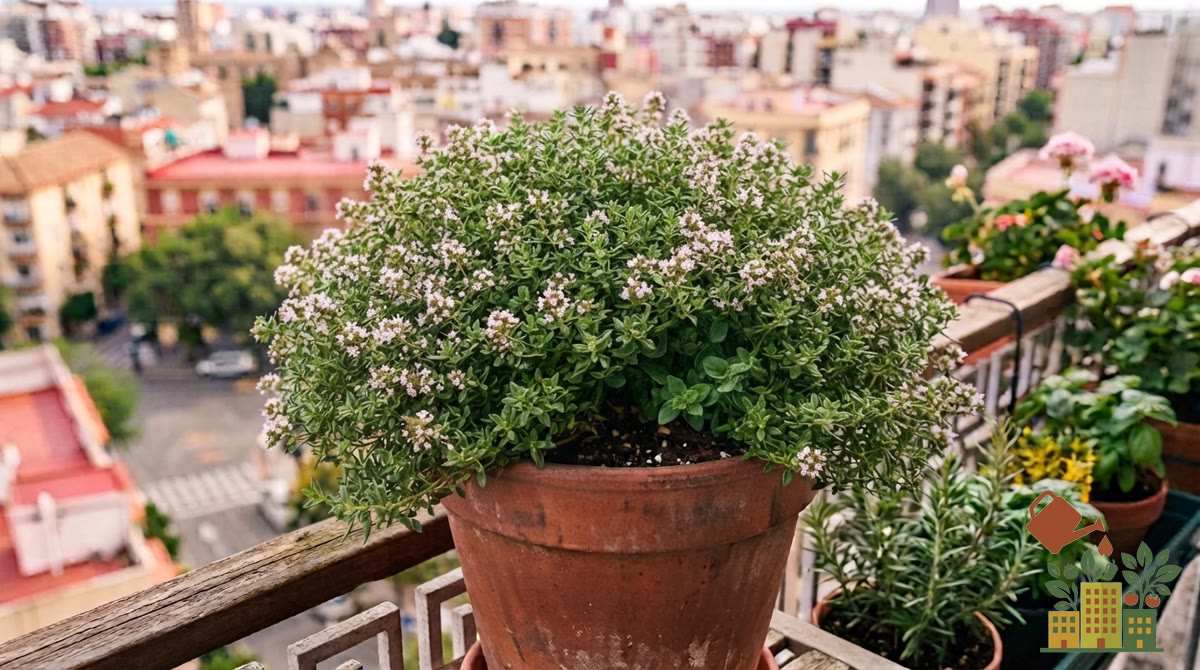 Mata de tomillo en flor con florecillas blancas y rosadas en una maceta de terracota en un balcón