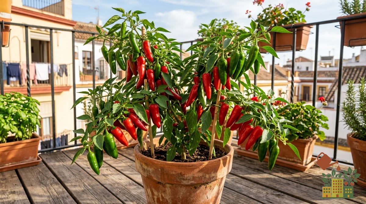 Planta de guindillas y chiles picantes cargada de frutos rojos y verdes en una maceta soleada