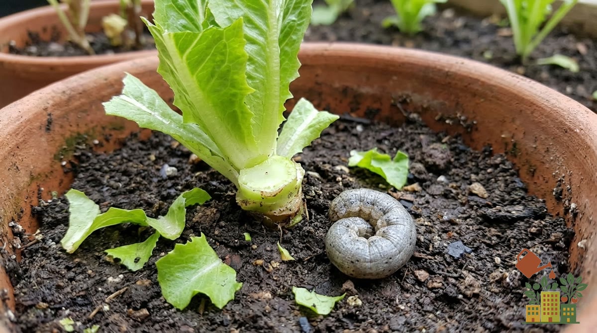 Plántula de lechuga cortada a ras de suelo junto a una oruga gris enroscada en la tierra