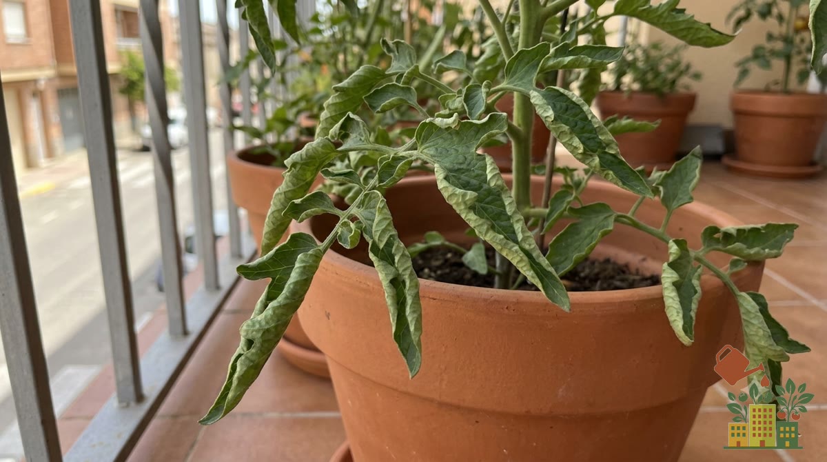 Hojas de tomatera enrolladas y curvadas hacia dentro en una maceta de balcón