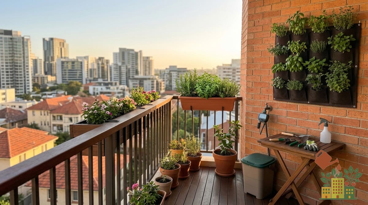 Jardinera de balcón con aromáticas y flores comestibles junto a la barandilla