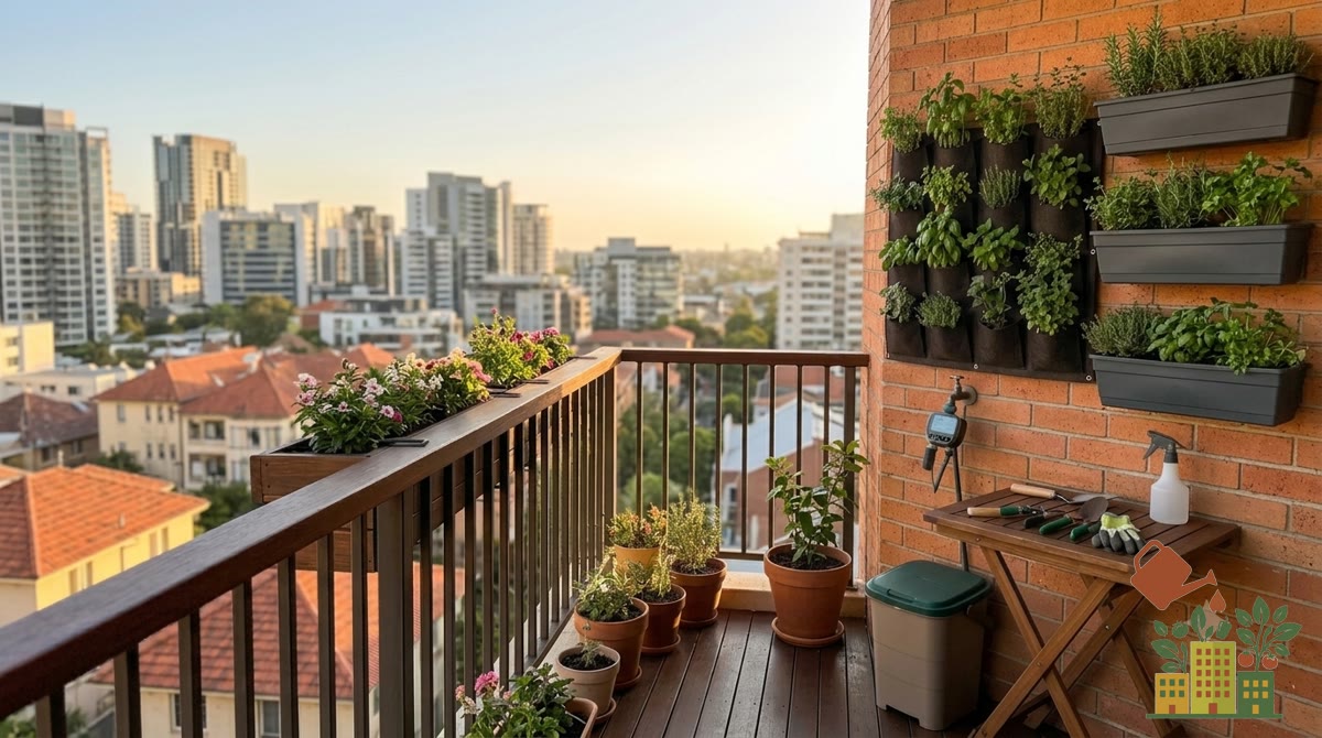 Jardineras junto a una pared en un balcón, colocación que ayuda a resguardar las plantas del viento