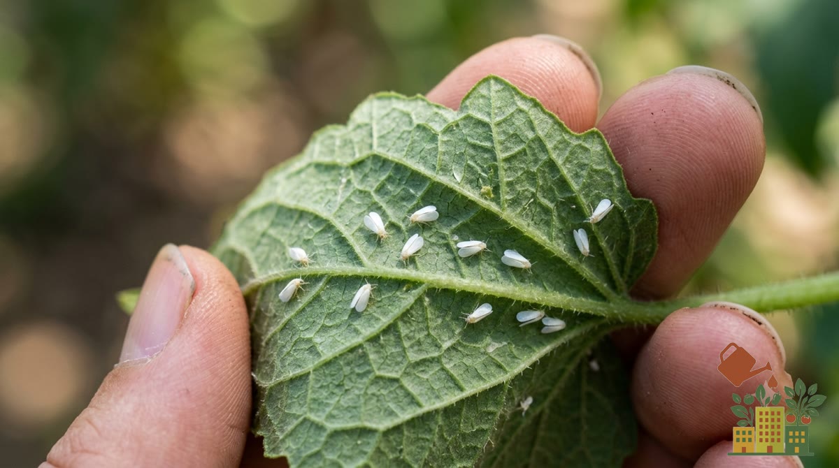 Envés de una hoja verde con varias moscas blancas de alas triangulares posadas, sujeta con la mano