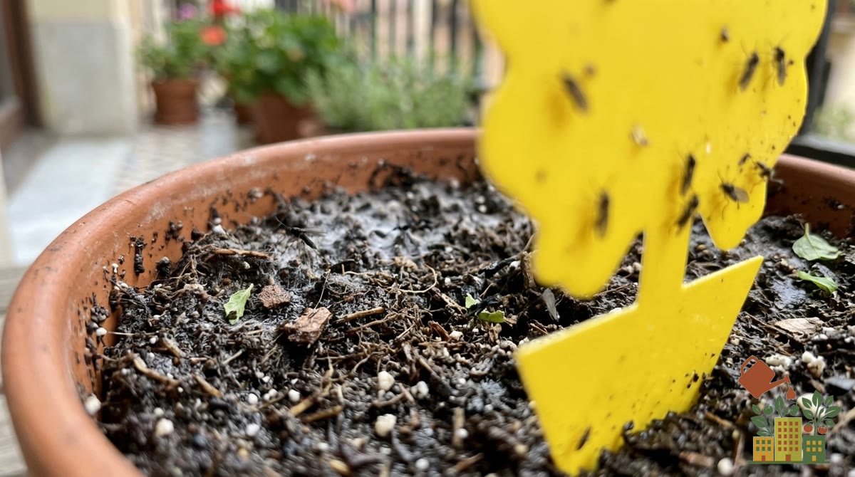 Trampa cromática amarilla llena de mosquitos de la mosca del sustrato clavada en la tierra de una maceta en un balcón