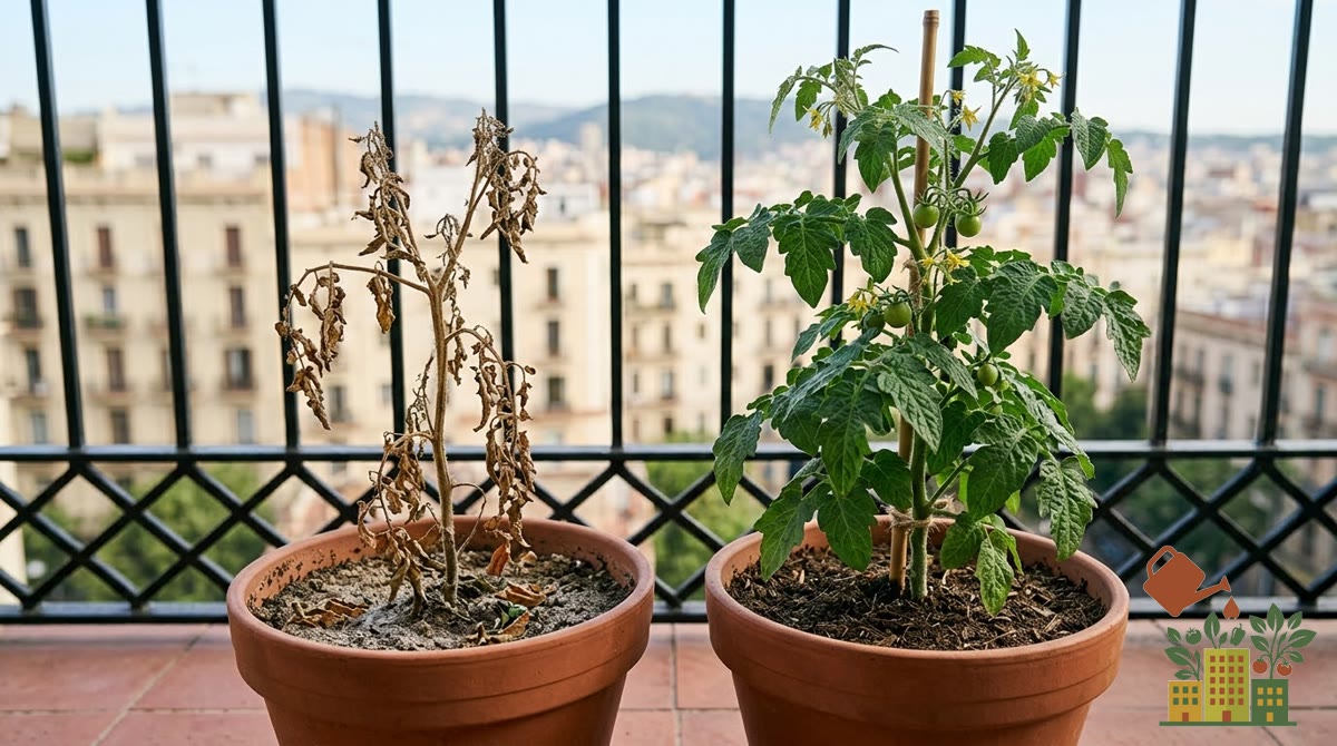 Comparación entre una planta seca y marchita y otra sana en maceta