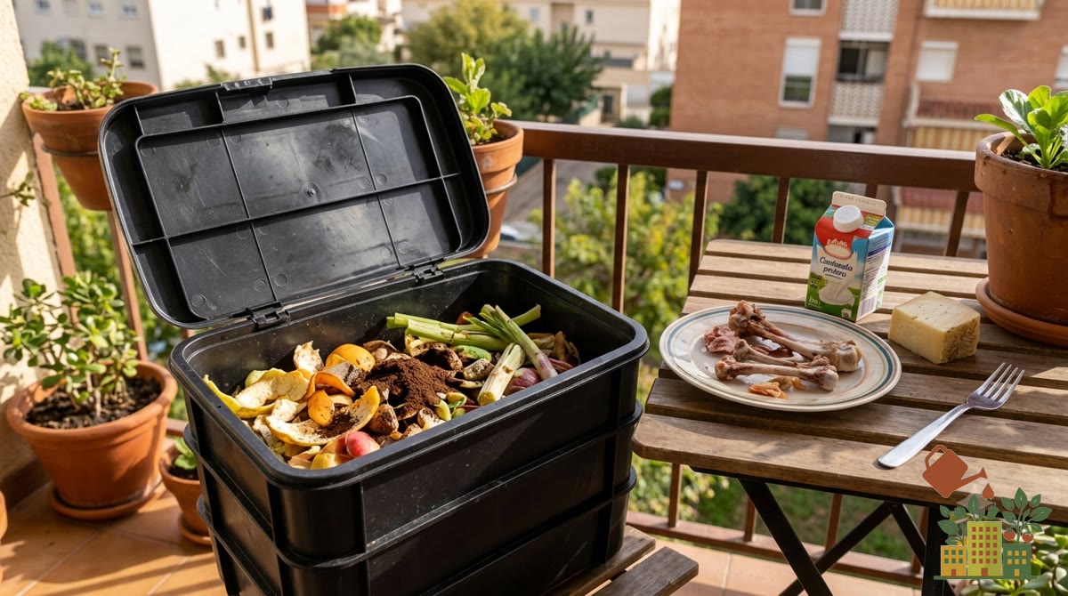Cubo de compost casero con restos vegetales y, aparte, alimentos que no deben compostarse