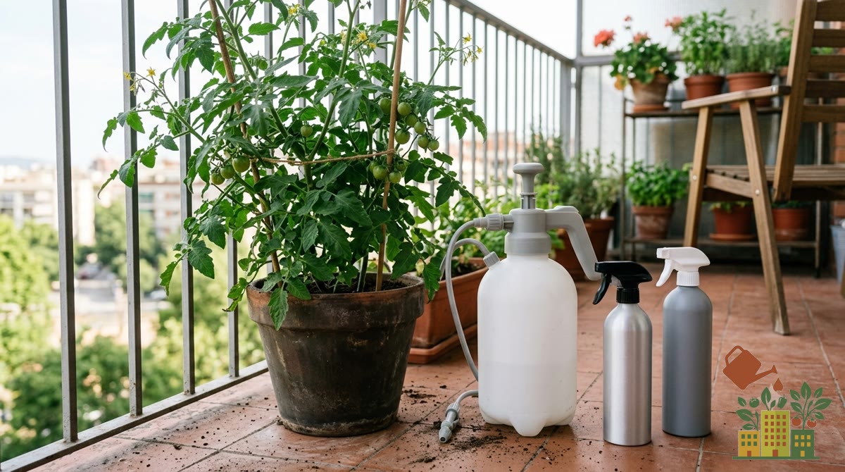 Pulverizador de presión previa y botes de tratamiento ecológico junto a una tomatera entutorada en un balcón