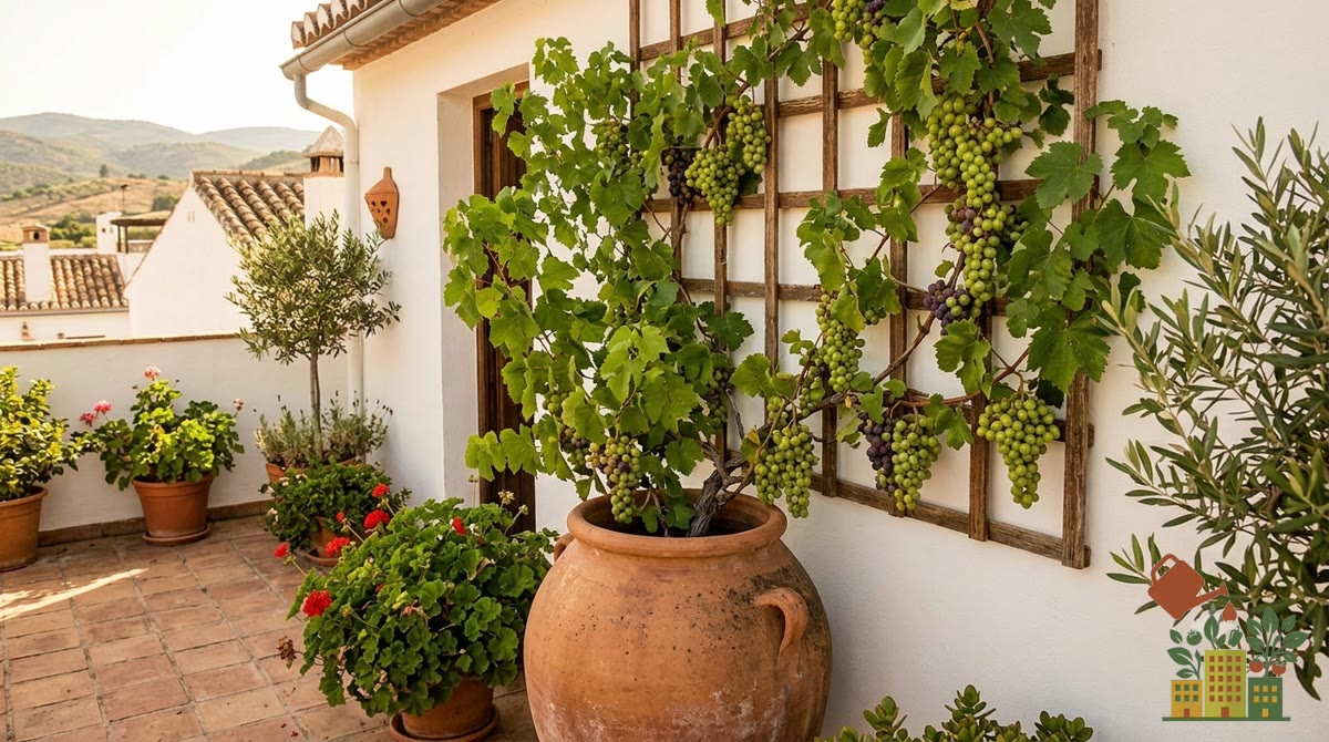 Parra de uva trepando por un enrejado desde una maceta grande en una terraza, con racimos colgando